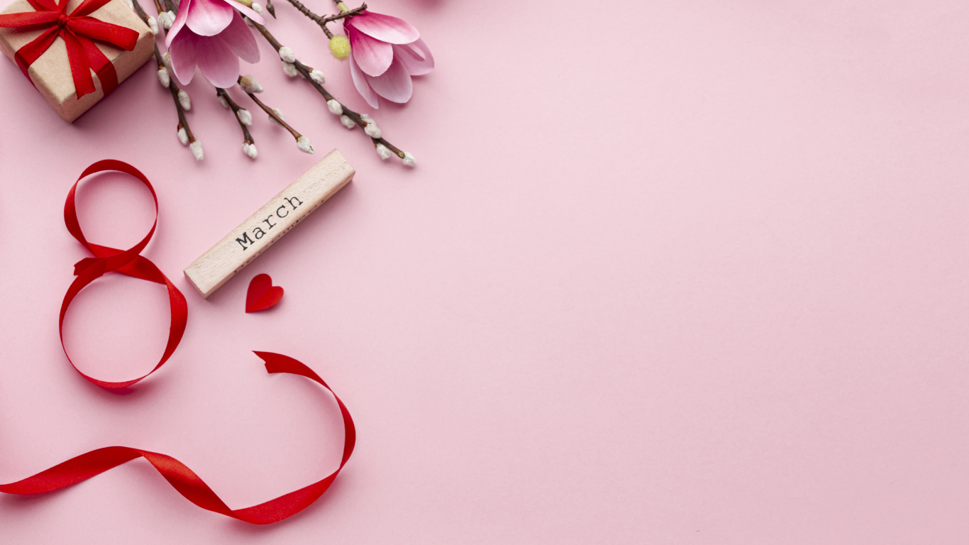 Розовый фон для открытки на 8 марта с цветами и лентами