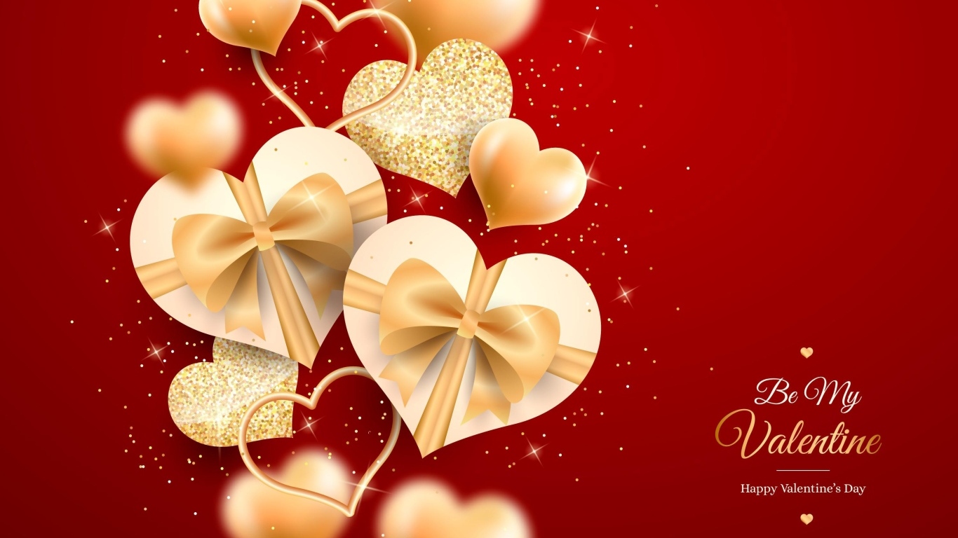 Золотые блестящие сердечки на красном фоне на День Влюбленных
