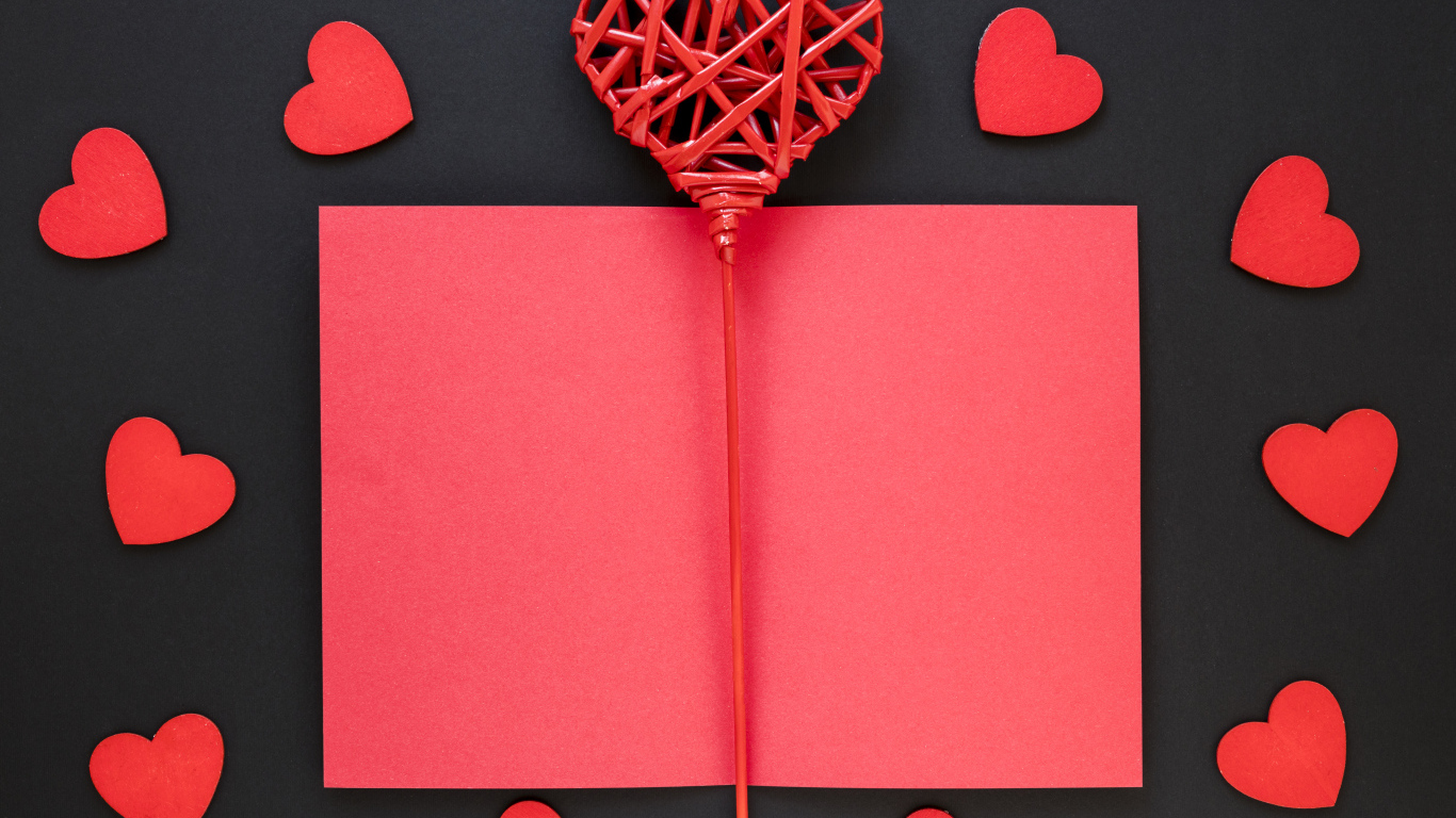 Сердечки и лист бумаги, шаблон открытки на День Святого Валентина