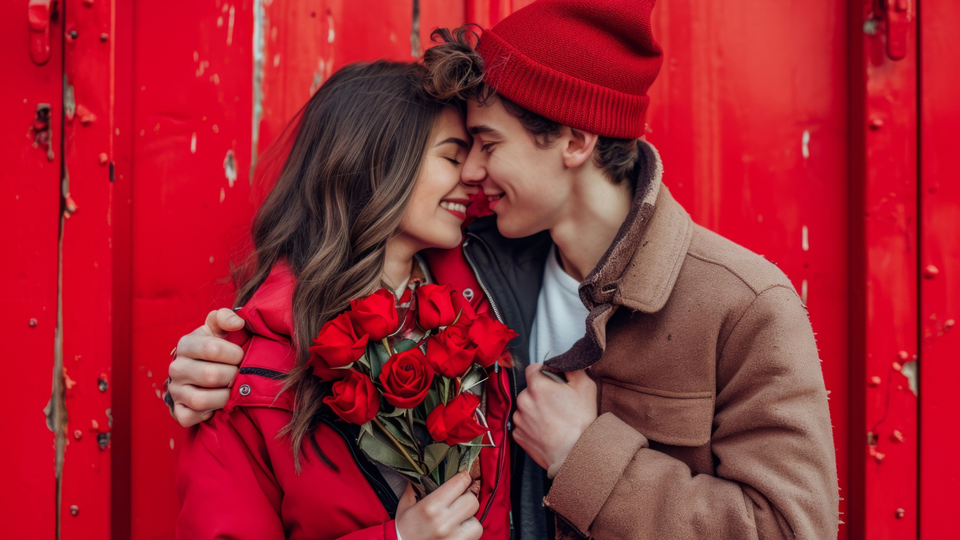 Влюбленная пара с букетом красных роз у стены