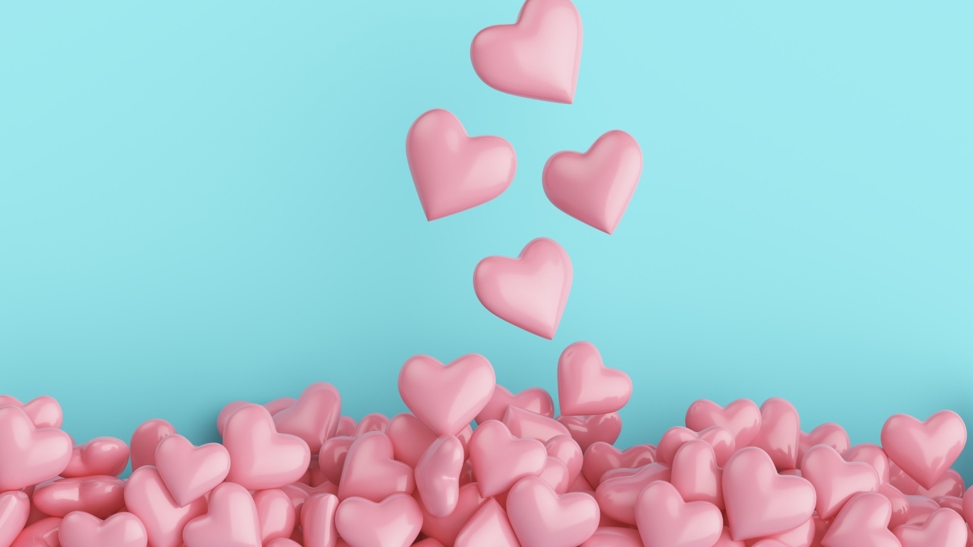 Много розовых сердечек на голубом фоне