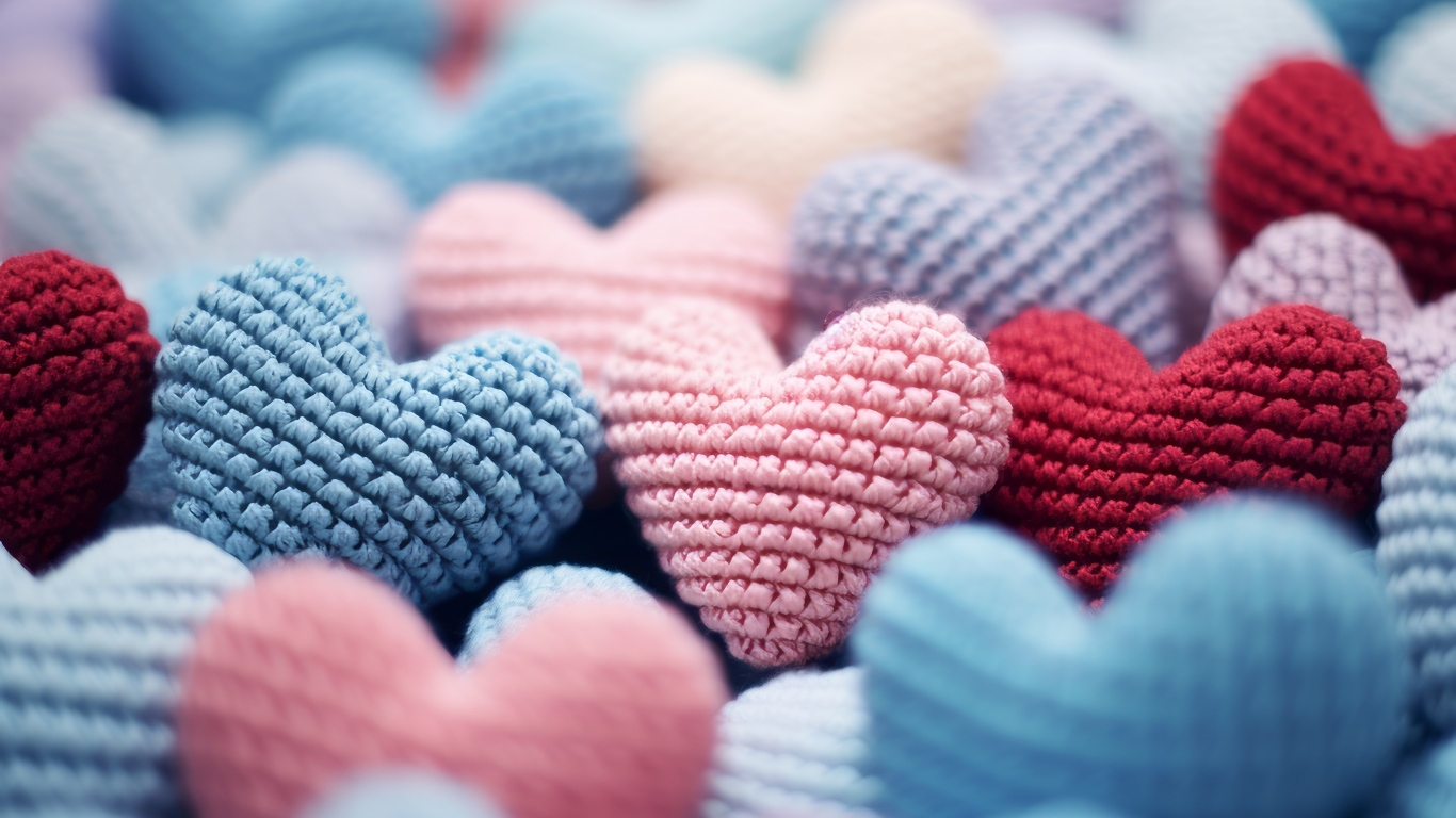 Разноцветные вязаные сердечки