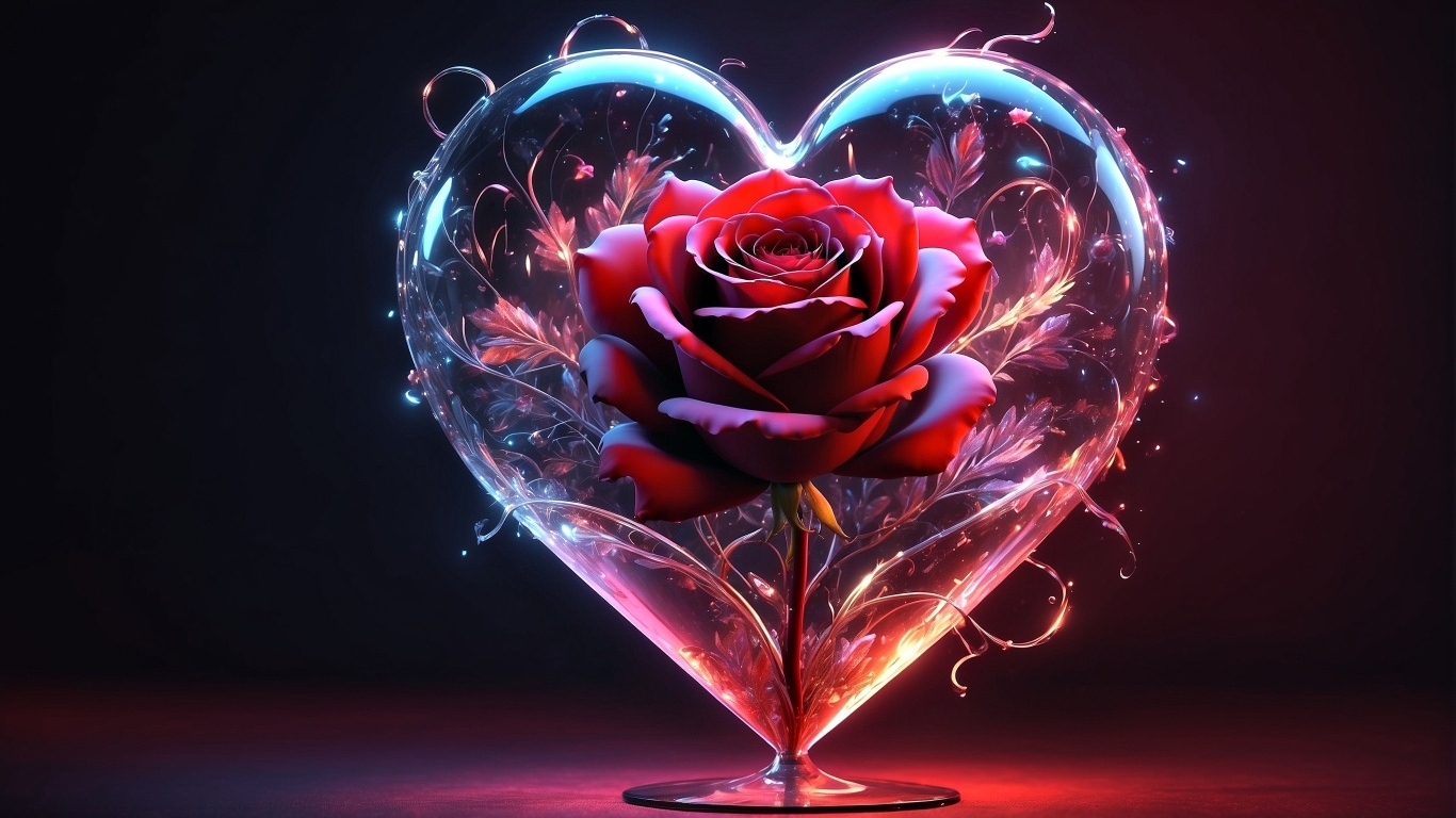 Красная роза в большом прозрачном сердце