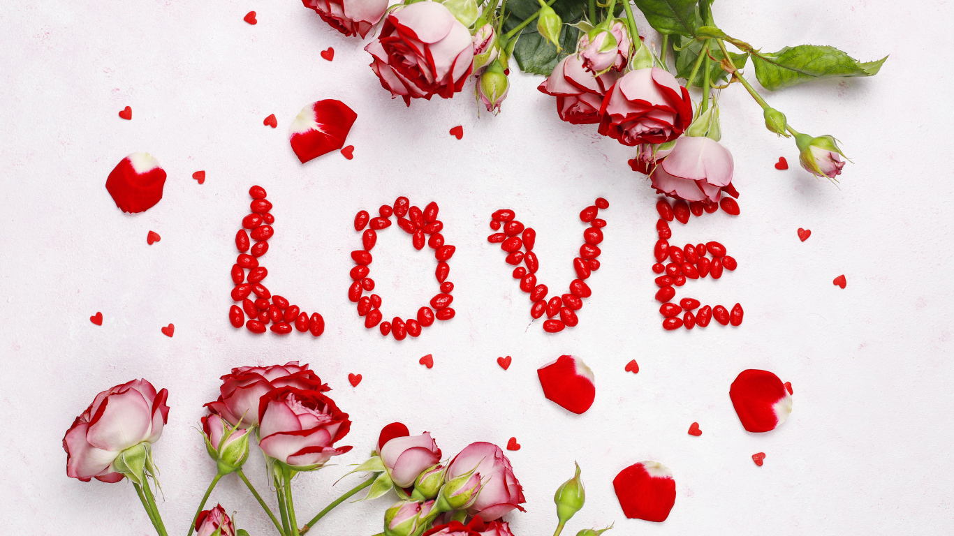 Надпись любовь с розами на белом фоне