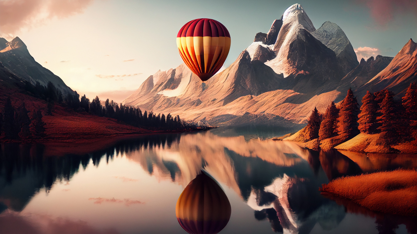 Большой воздушный шар над водой у гор 