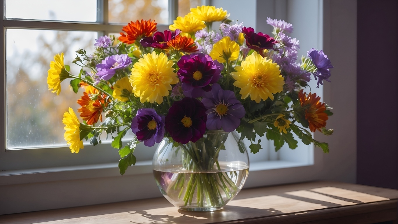 Букет разноцветных цветов в вазе на окне