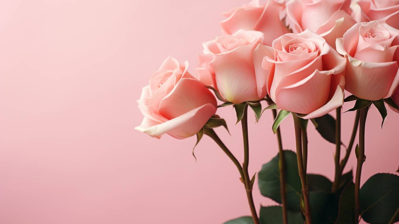Букет нежных розовых  роз на розовом фоне