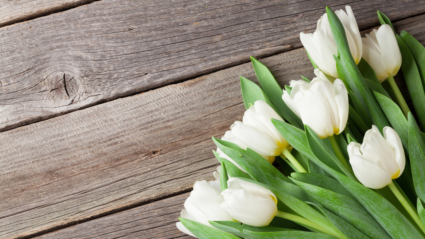 Букет нежных белых тюльпанов с зелеными листьями на деревянном столе