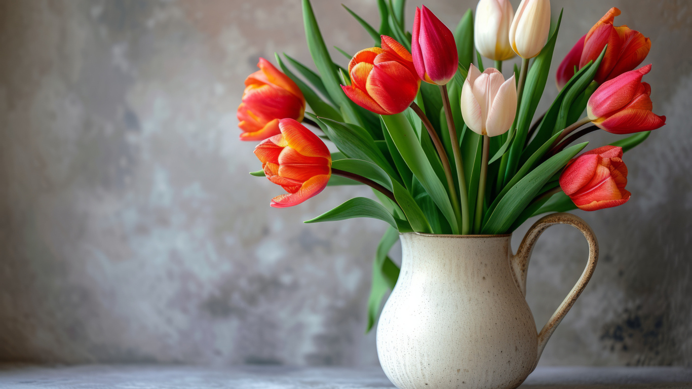 Букет разноцветных тюльпанов в вазе на фоне серой стены