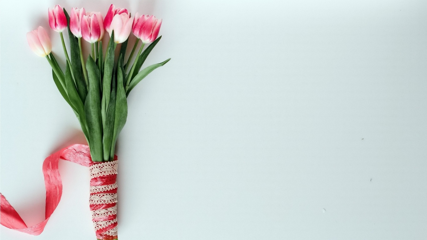 Букет розовых тюльпанов с атласной лентой на сером фоне