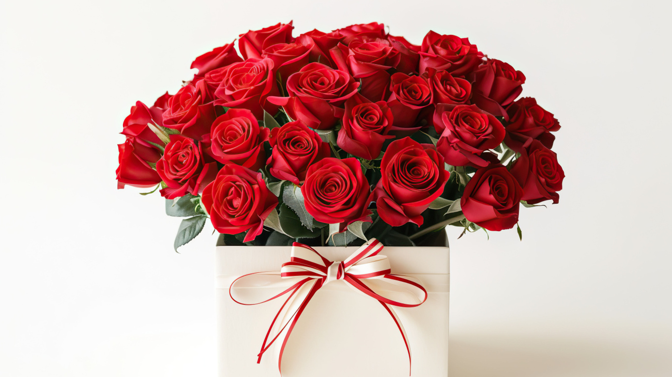 Букет красных роз в коробке на белом фоне
