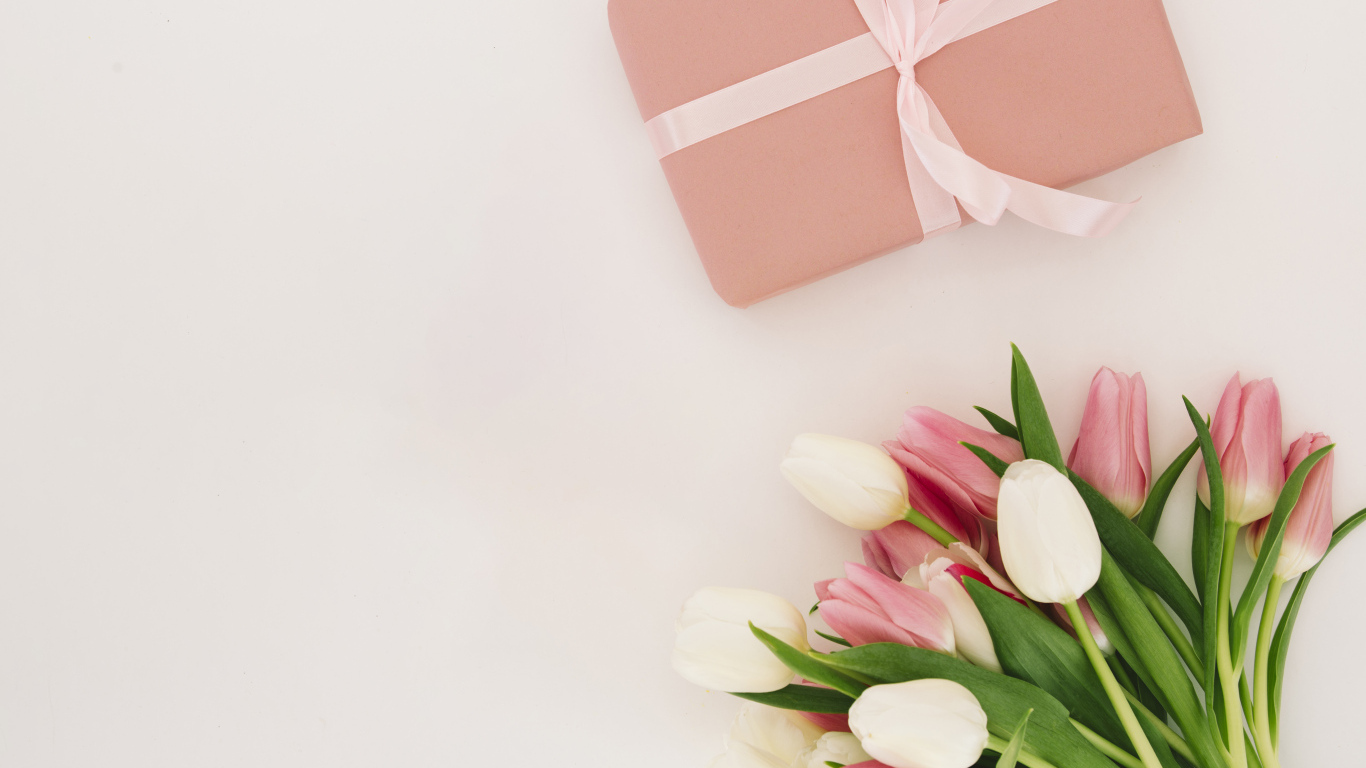 Букет тюльпанов с подарком на розовом фоне, шаблон открытки