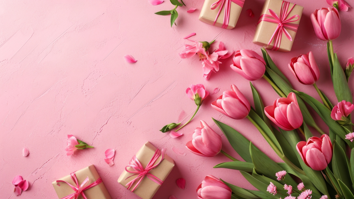 Букет тюльпанов с подарками на розовом фоне