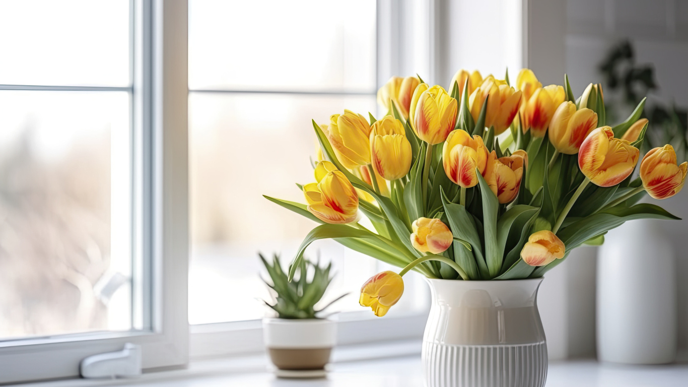 Букет желтых тюльпанов в вазе у окна