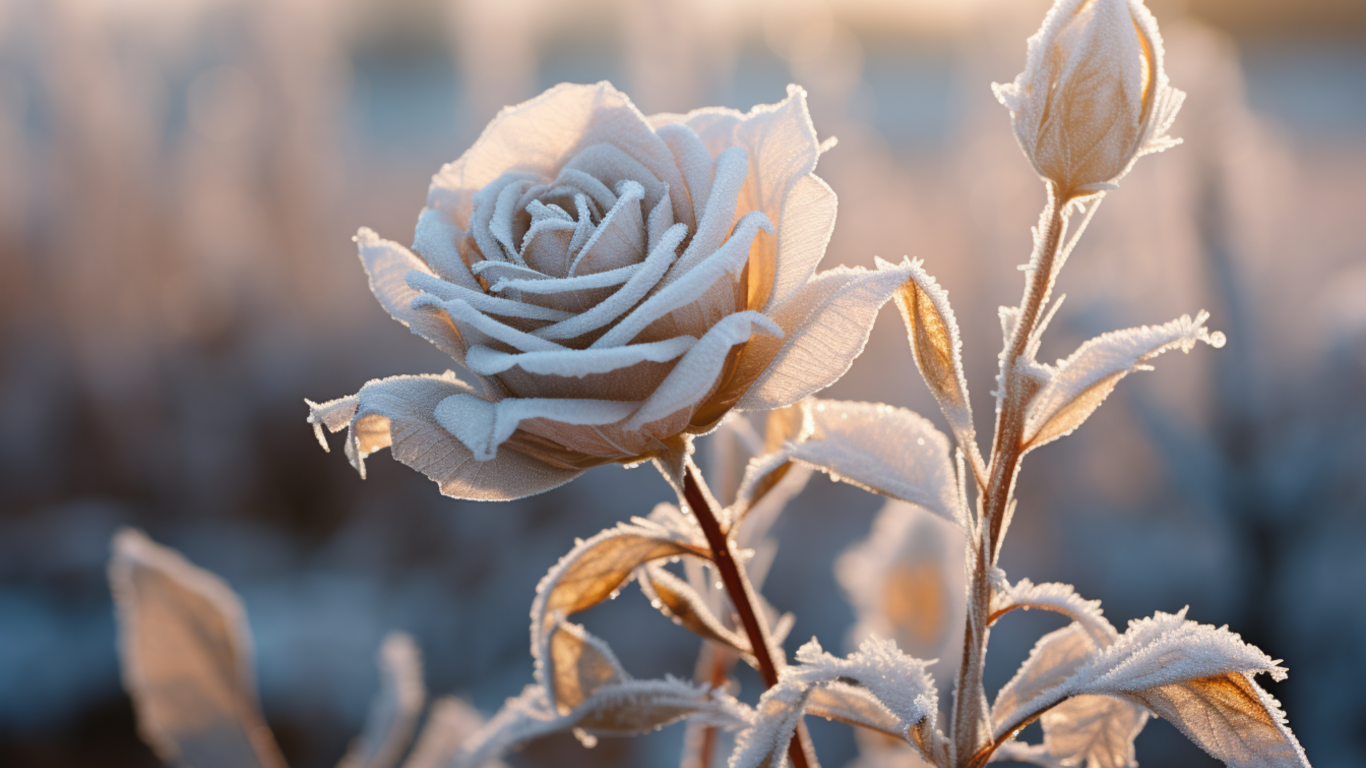 Покрытая инеем роза с бутоном в лучах солнца