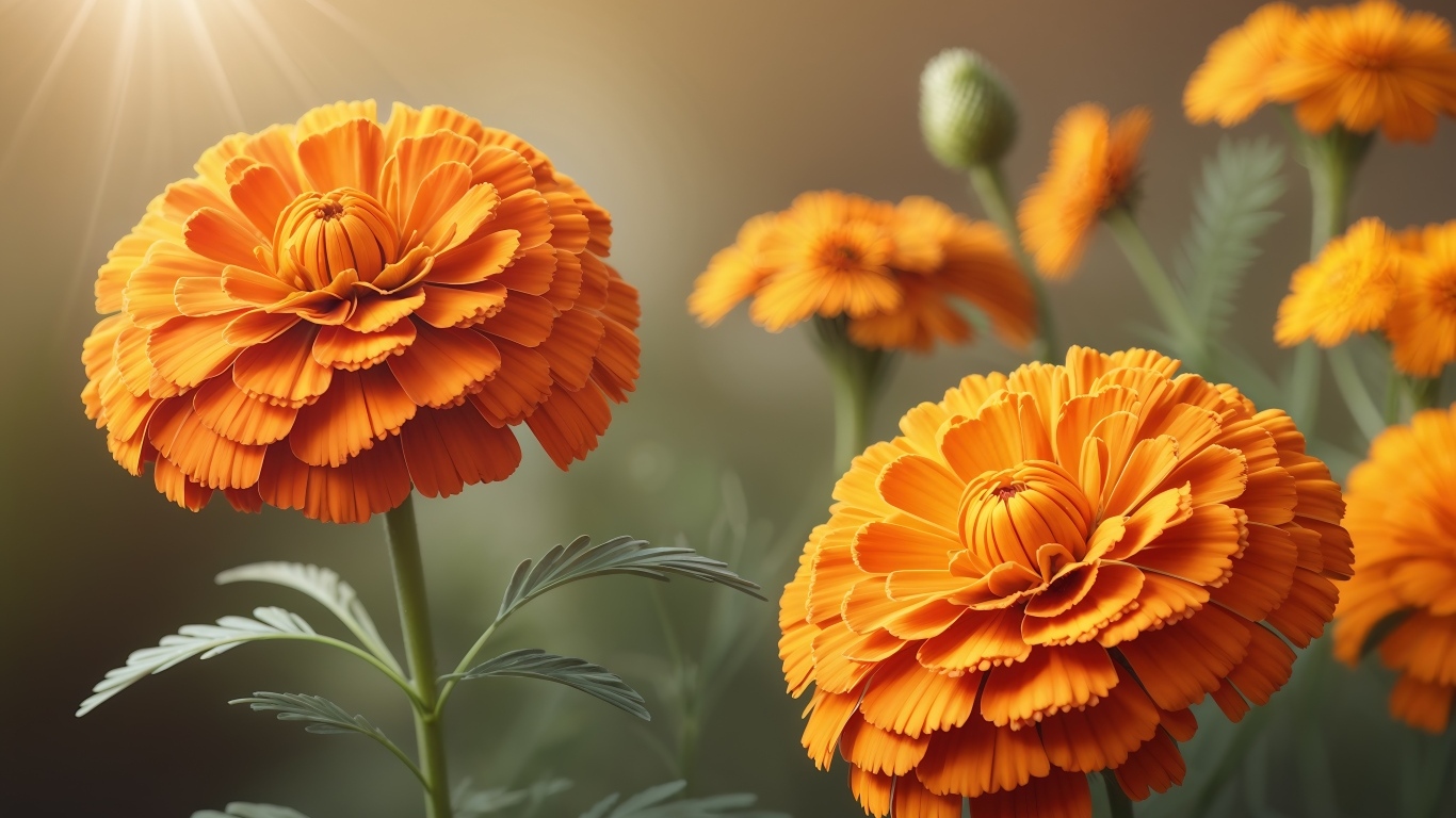 Оранжевые цветы бархатцы в лучах солнца