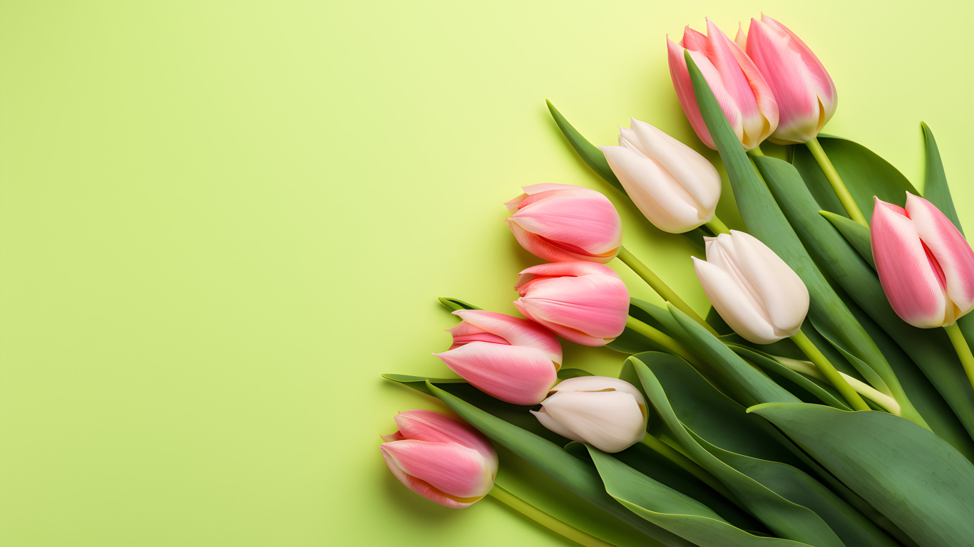 Розовые тюльпаны на зеленом фоне, шаблон 