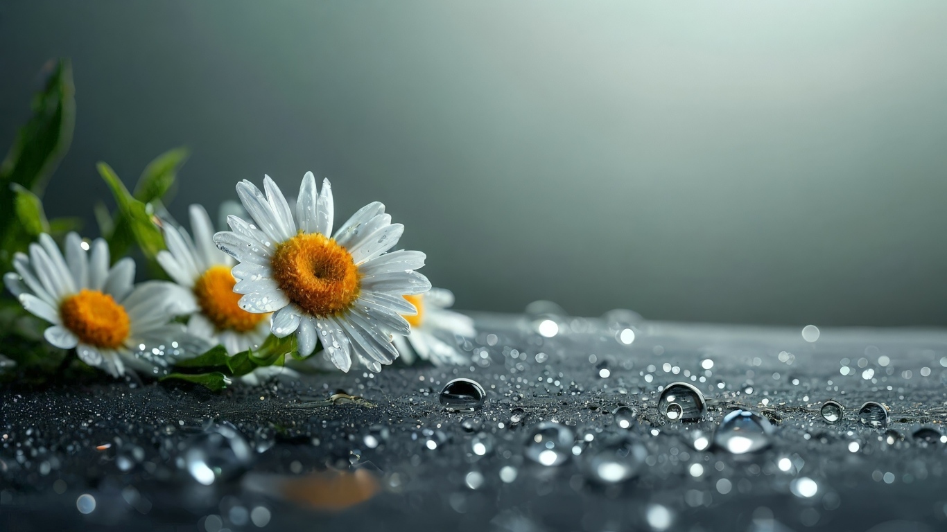 Несколько ромашек лежат на поверхности, покрытой каплями воды