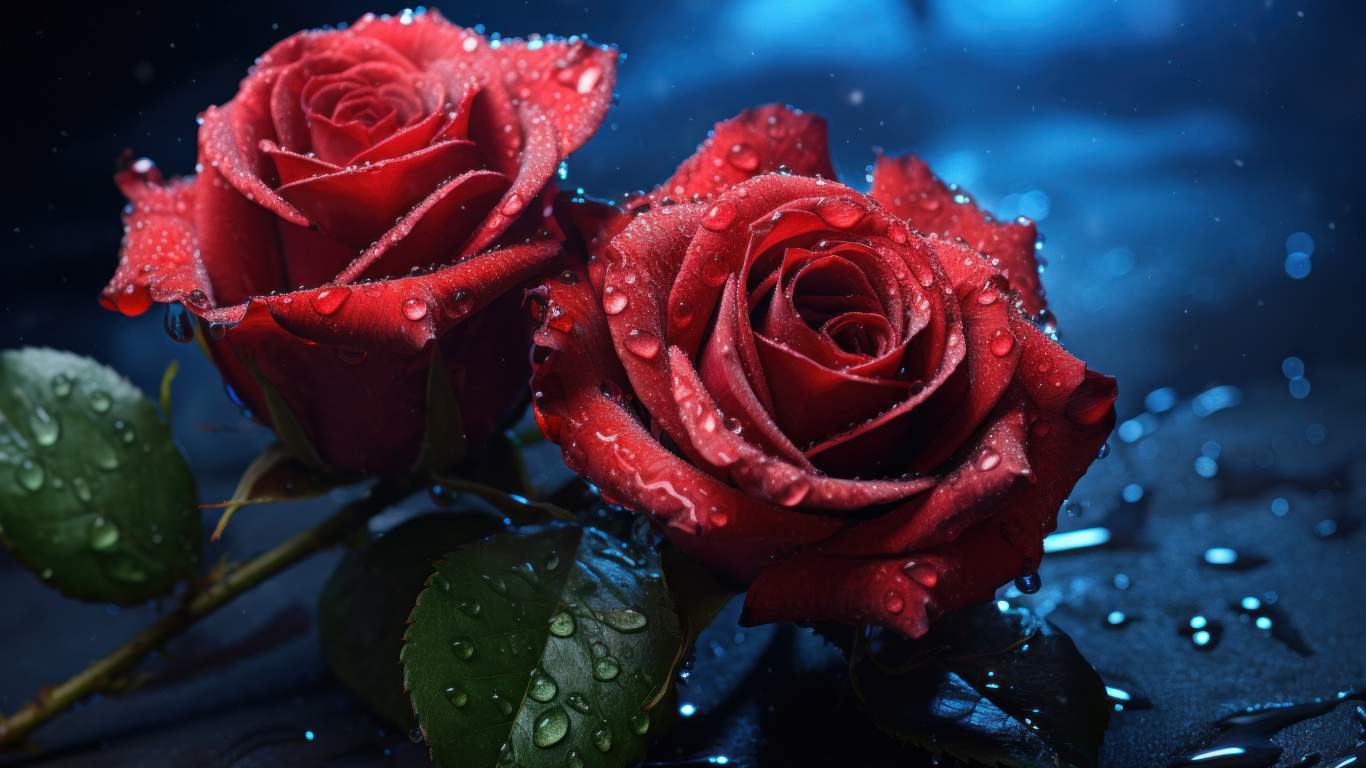 Две красные розы на черной поверхности под дождем