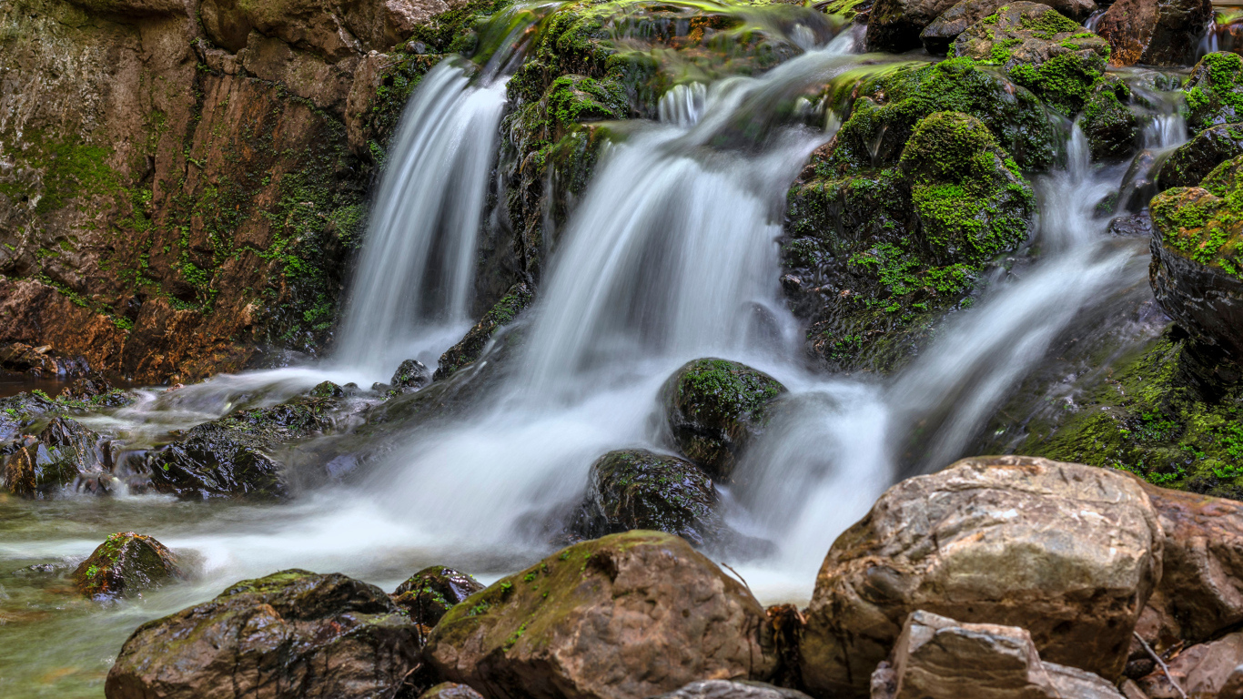 Быстрая вода водопада стекает по камням в осеннем лесу