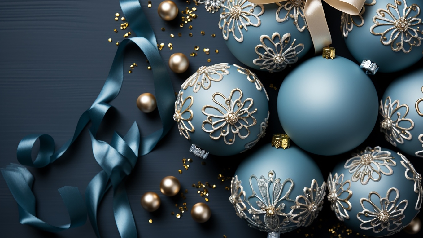Красивые шарики на елку с синей лентой