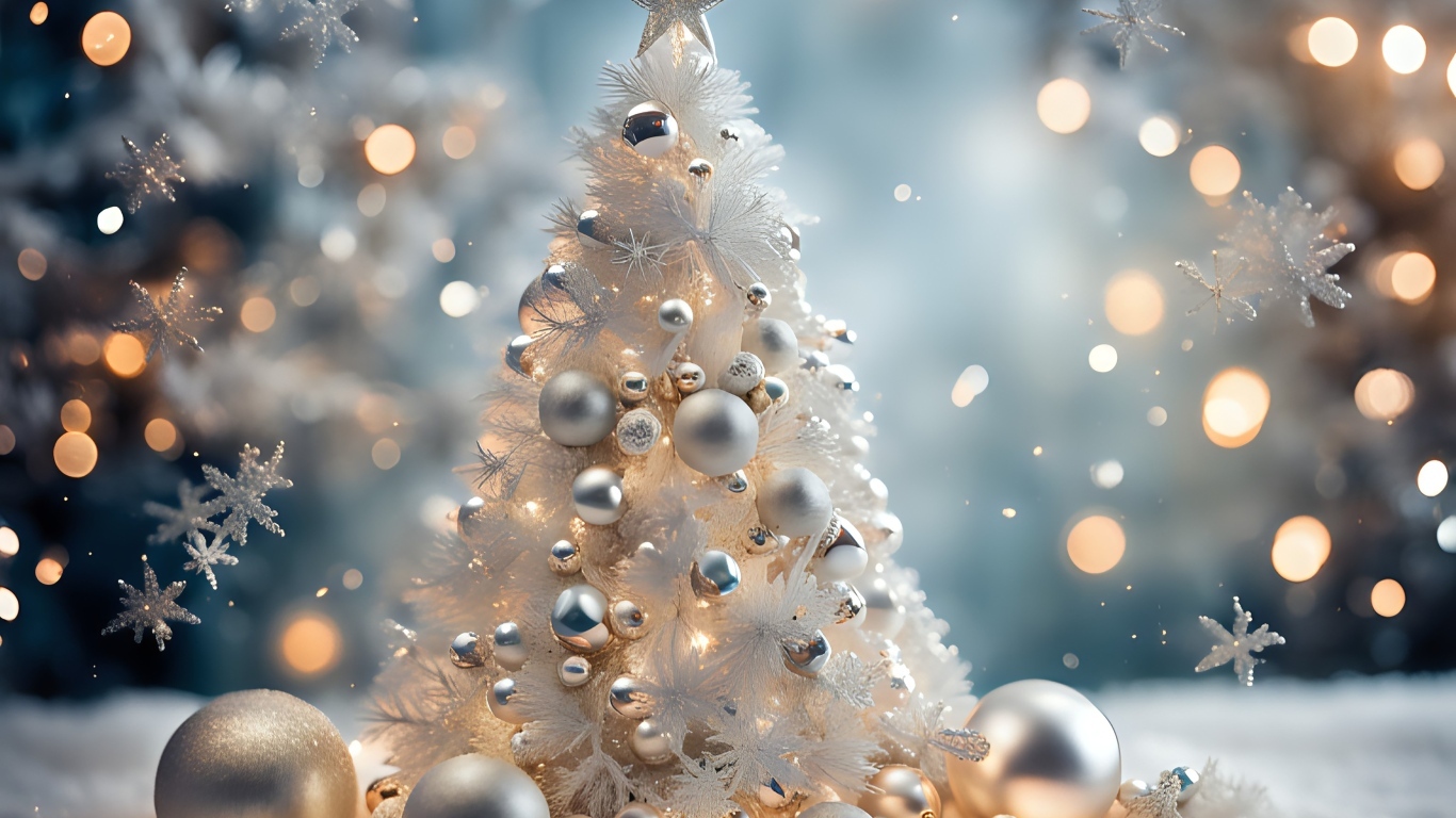 Красивая белая елка с шариками