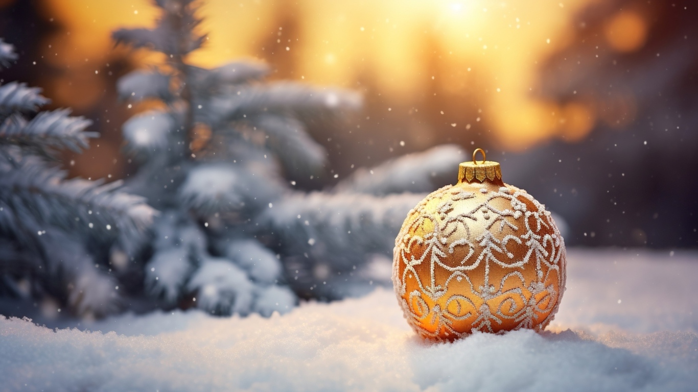 Золотистый еловый шар на снегу в лесу на Новый год