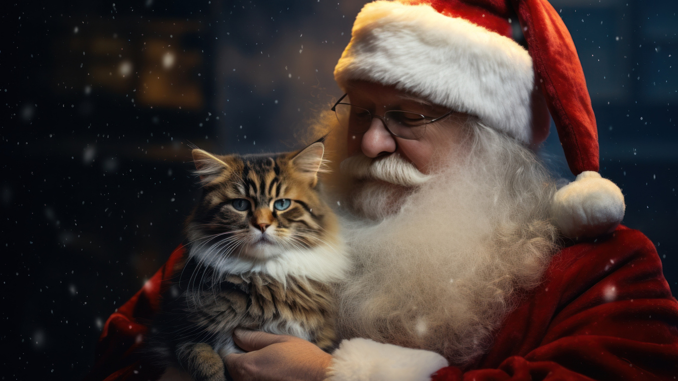 Дед мороз с красивым серым котом в руках