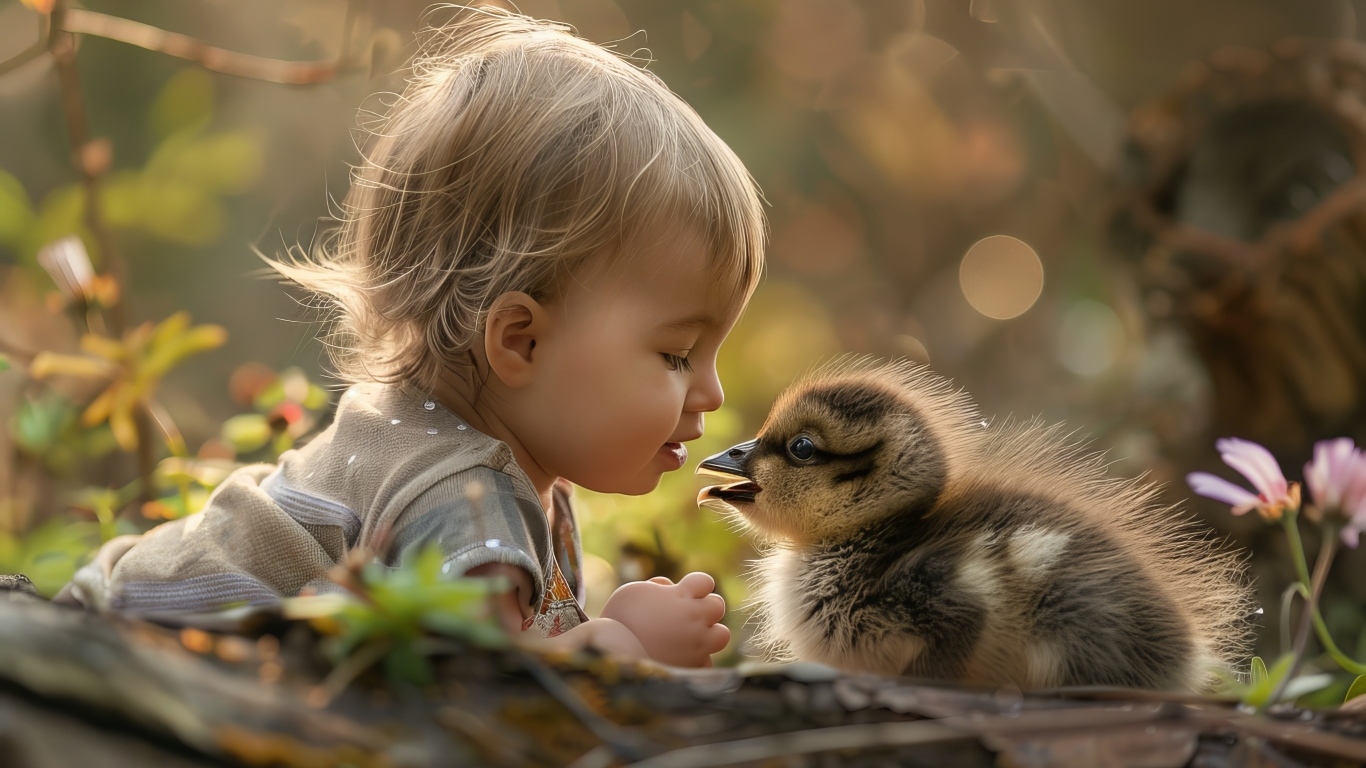 Маленький ребенок с утенком на земле