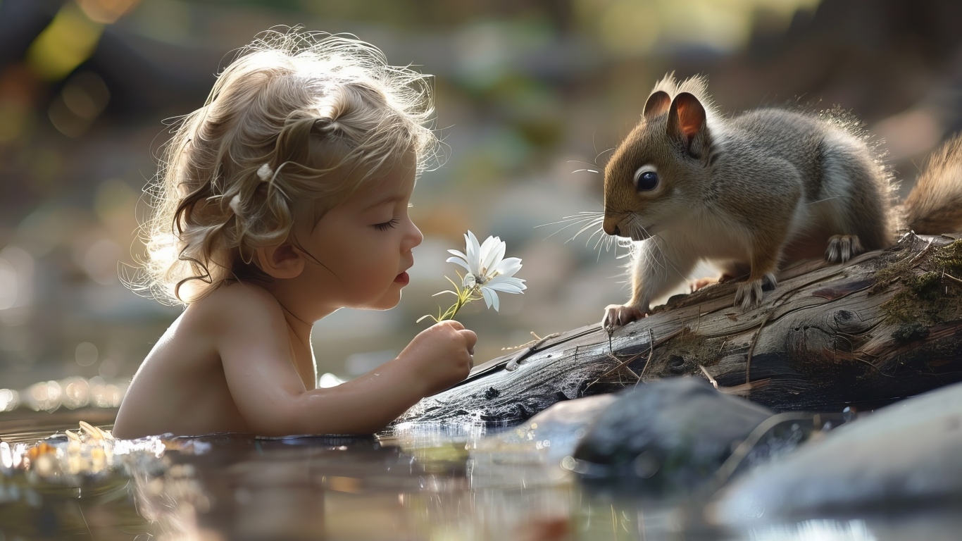 Маленькая девочка в воде с белкой