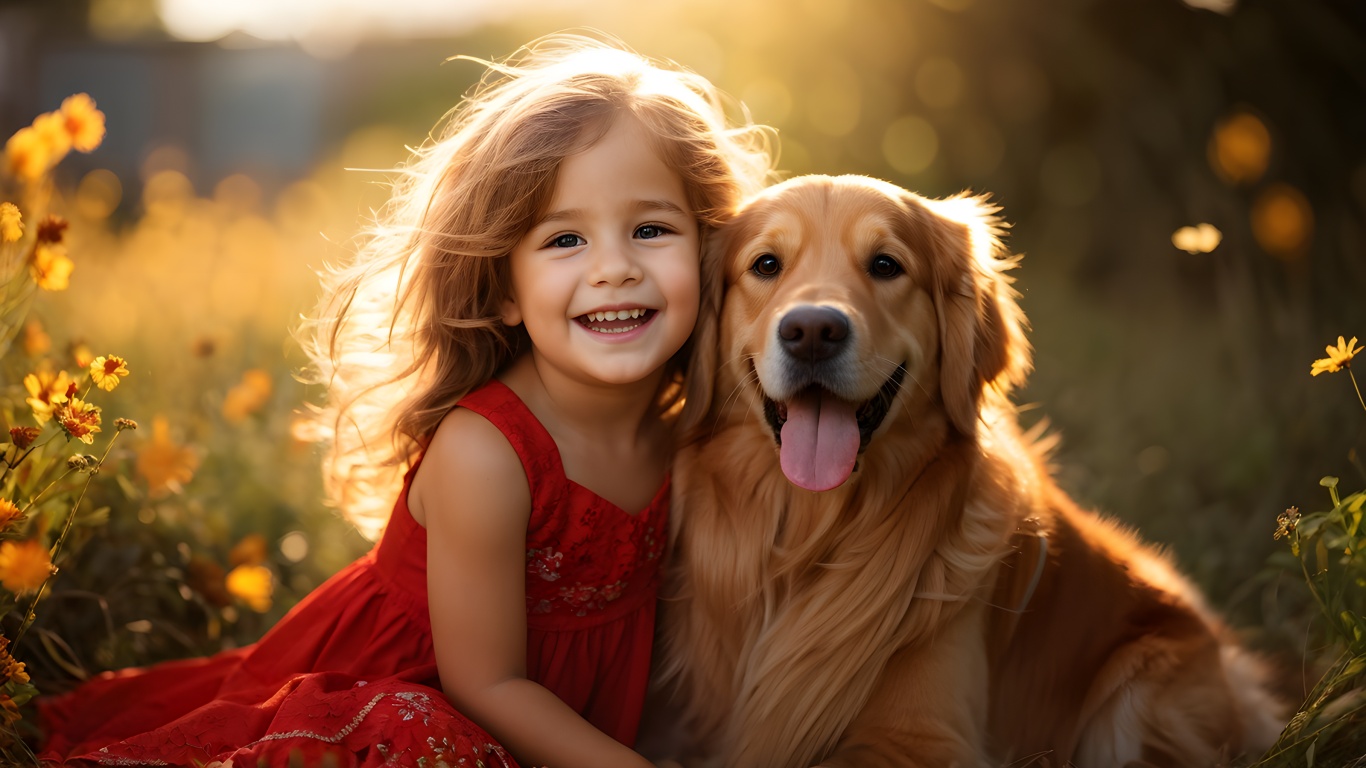 Маленькая улыбающаяся девочка с золотистым ретривером