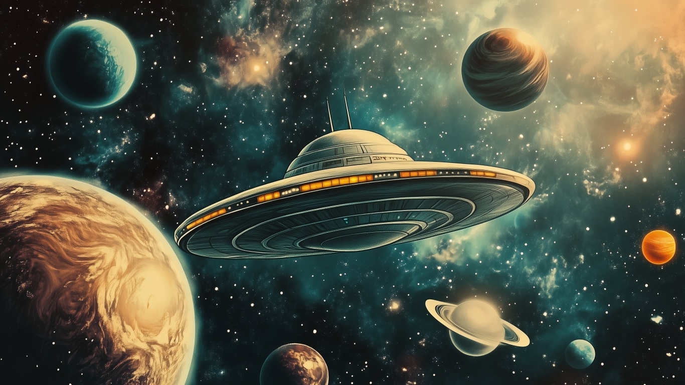 Летающая тарелка в космосе с планетами