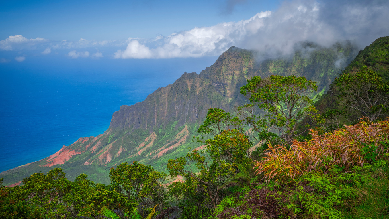 Покрытые зеленью горы на Гавайских островах, США