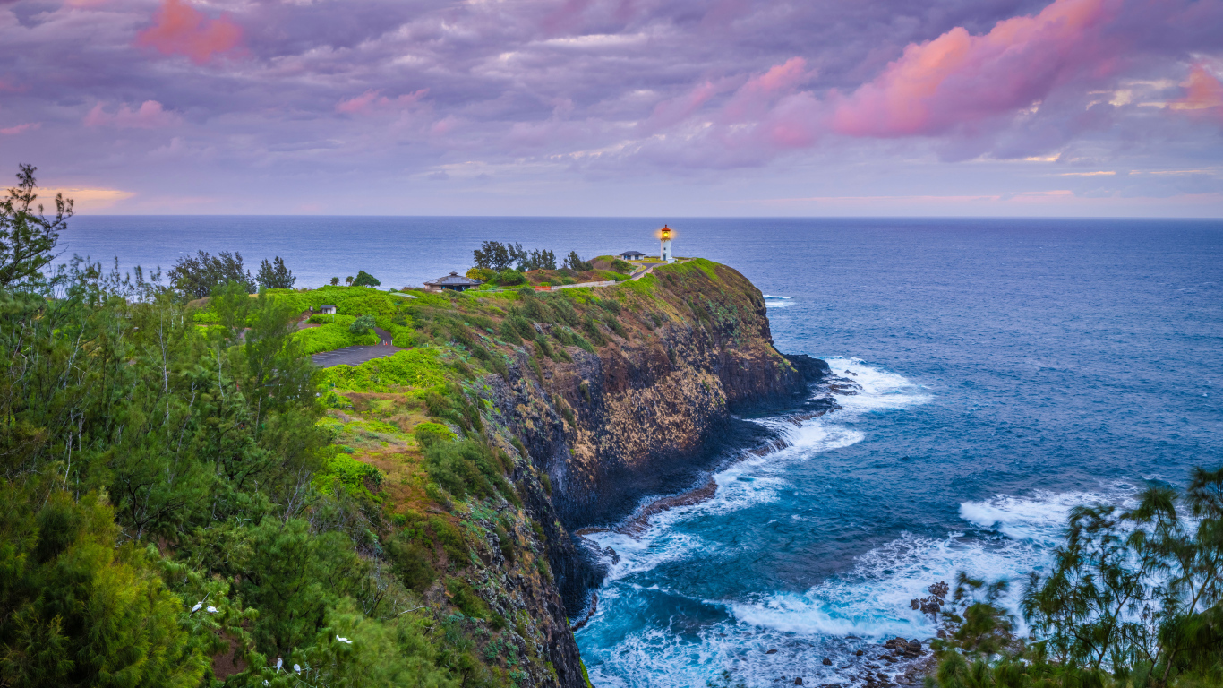 Маяк на краю утеса на берегу Гавайских островов, США