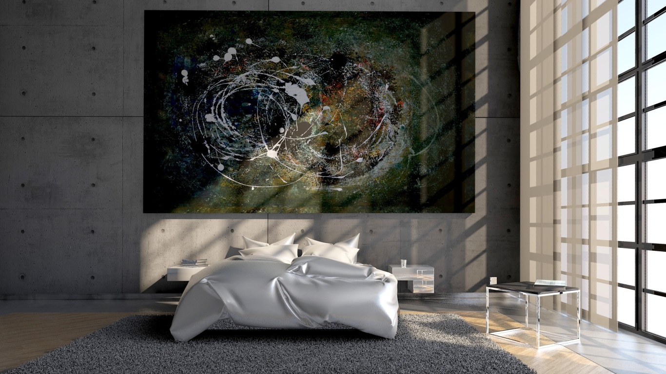 Абстрактная картина на стене в спальне с большим окном
