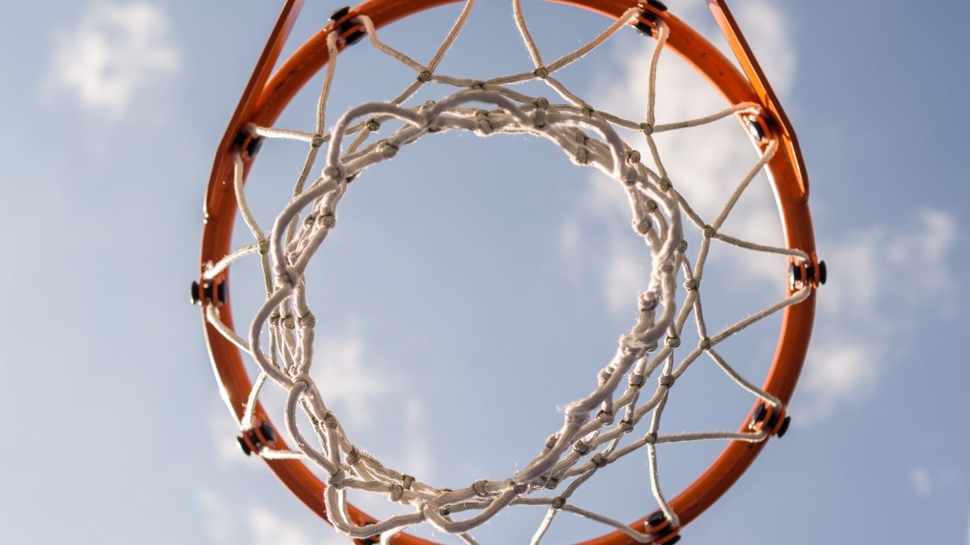 Вид снизу на баскетбольное кольцо на фоне неба