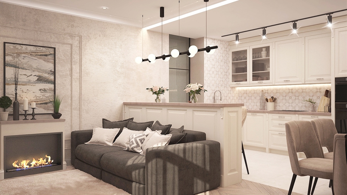 Светлая гостиная с камином и кухней
