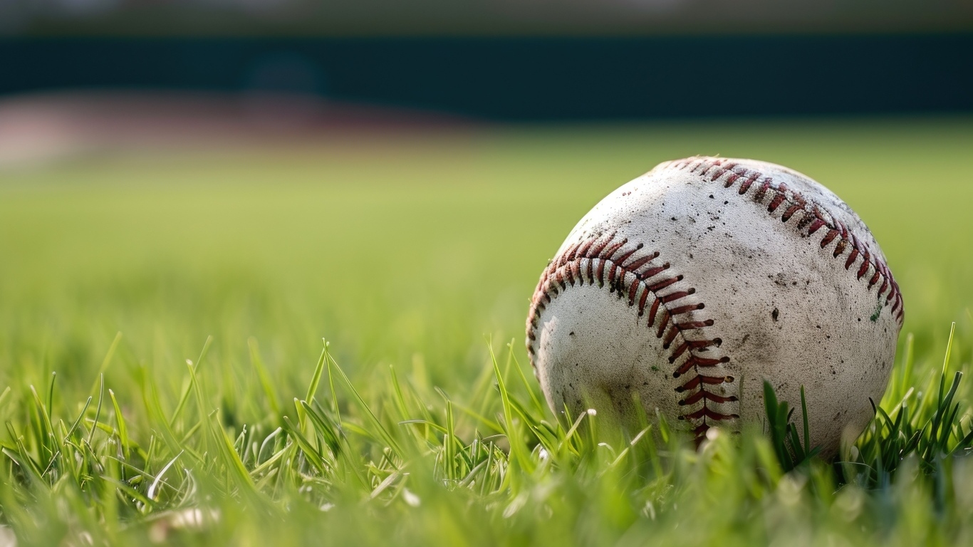 Грязный бейсбольный мяч на зеленой траве на поле