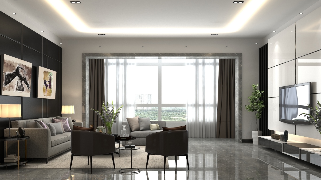 Большое окно в комнате с телевизором и мебелью 