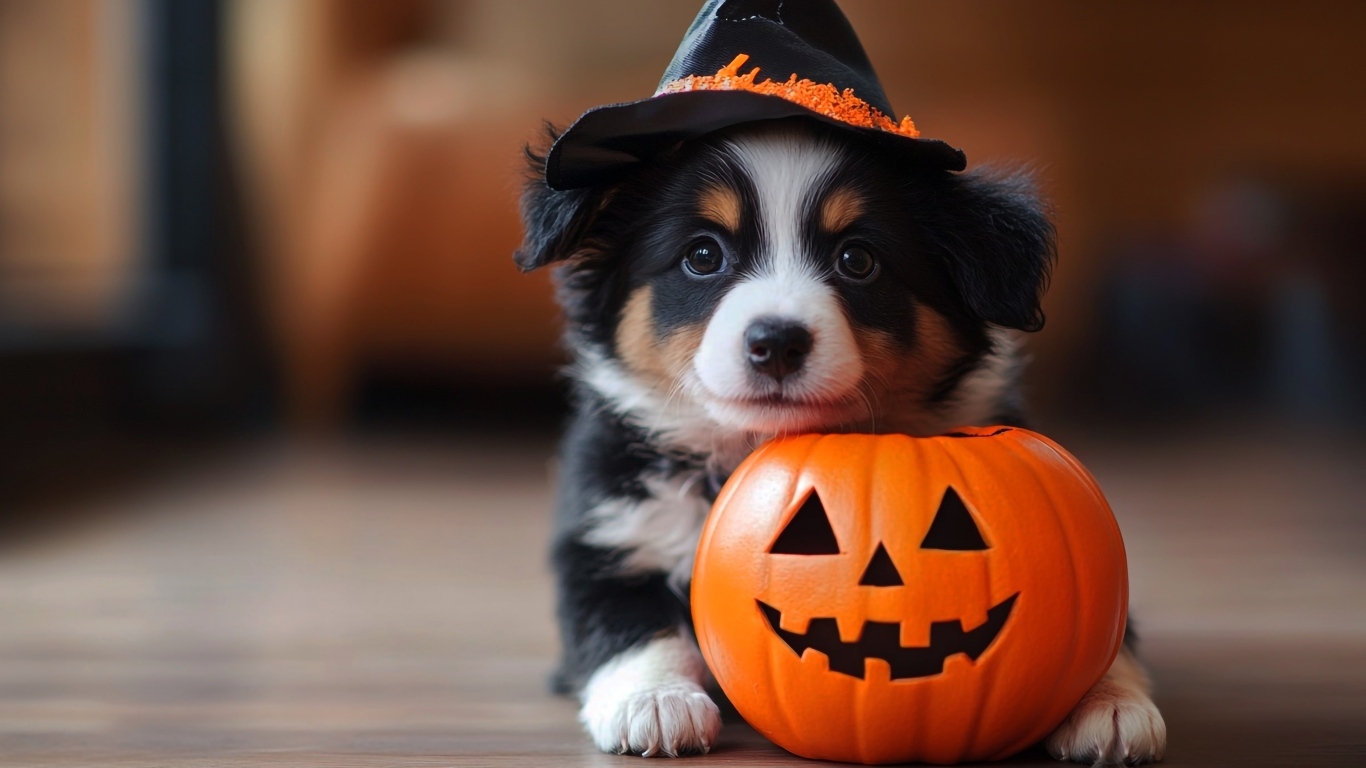 Маленький забавный щенок с тыквой на Хэллоуин 