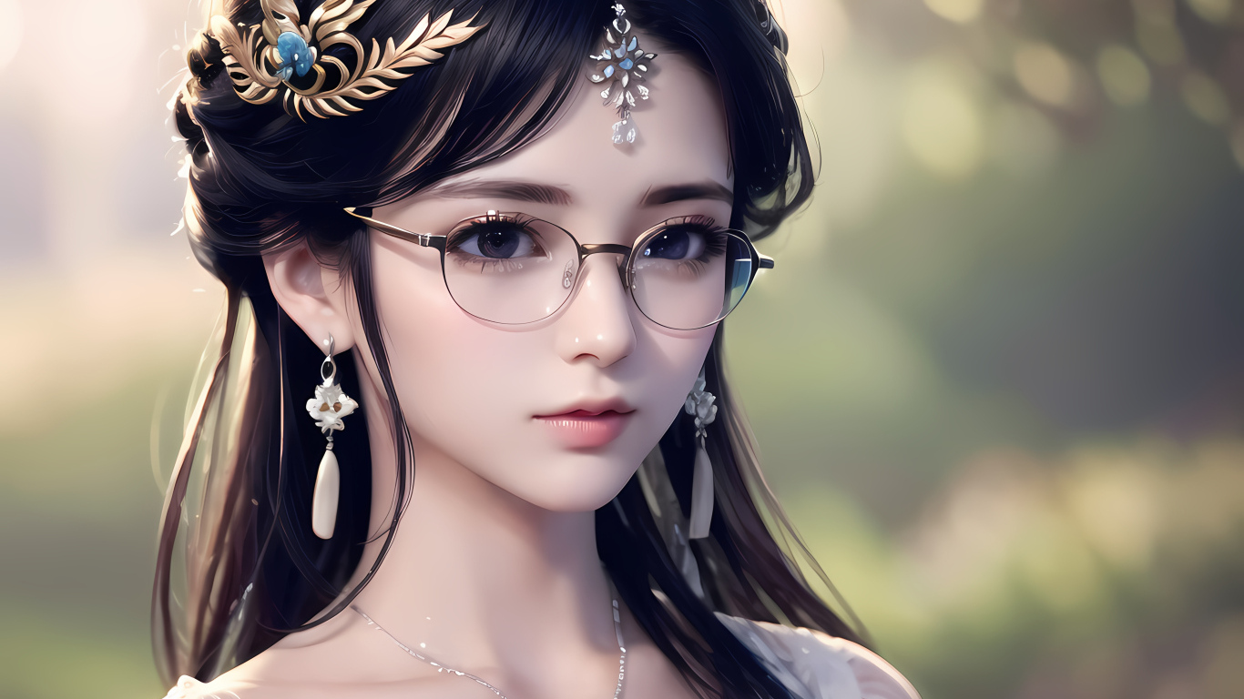 Девушка аниме в очках с украшениями на голове