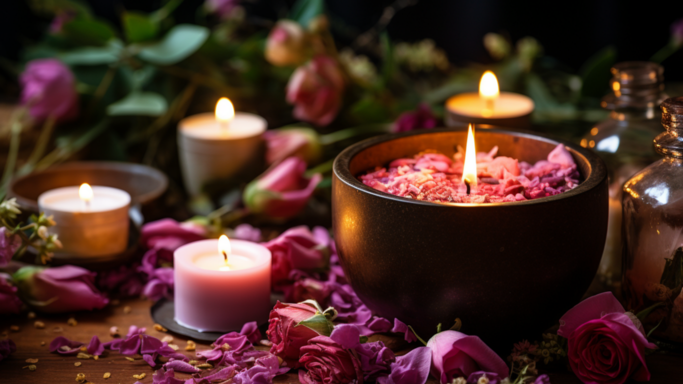 Зажженные свечи с бутонами роз на столе