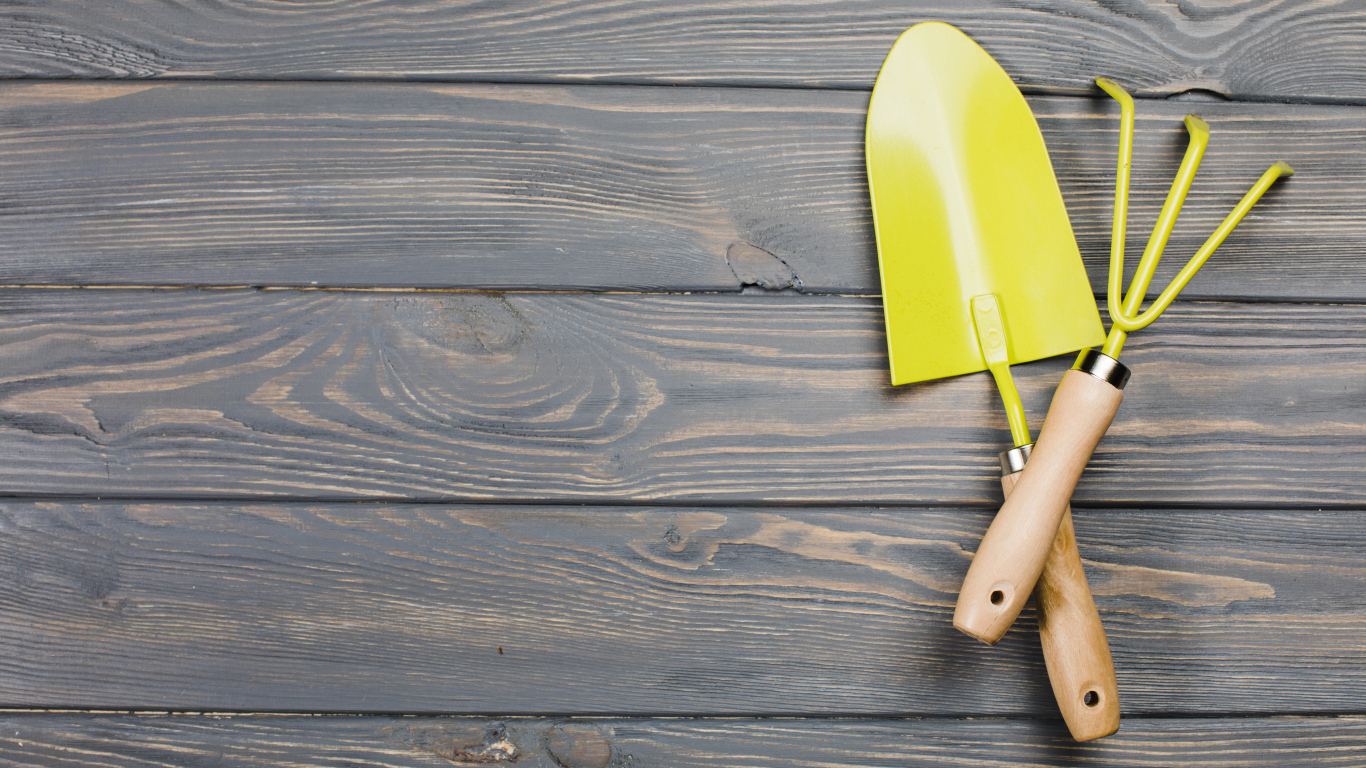 Желтые садовые принадлежности на деревянном фоне