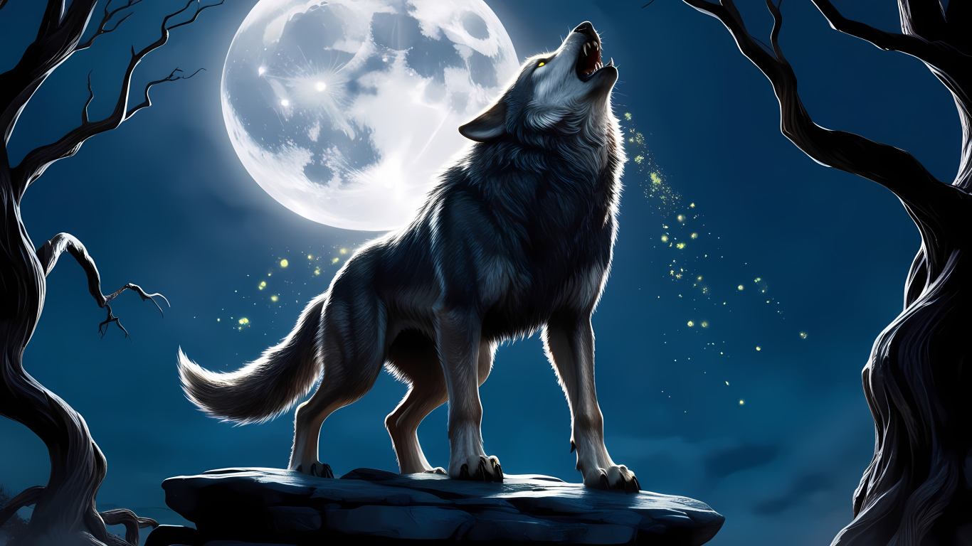 Нарисованный волк воет на луну