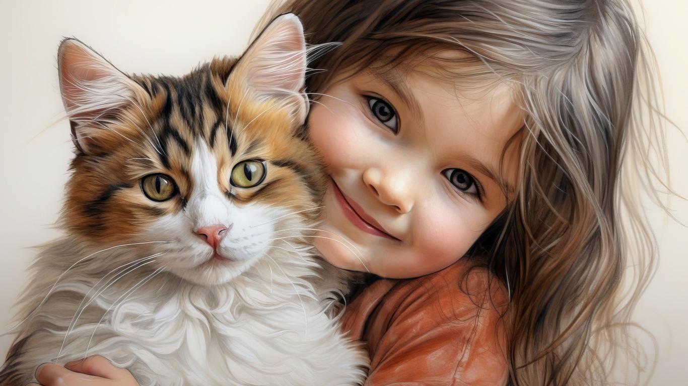 Красивая нарисованная девочка с котом