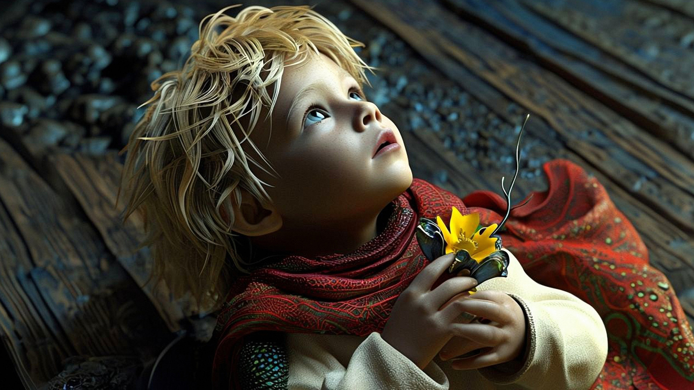 Маленький светловолосый нарисованныЙ мальчик с цветком