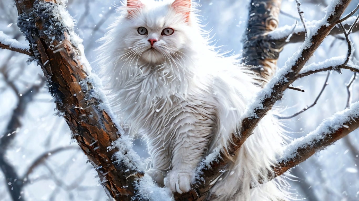 Нарисованный белый кот на дереве зимой