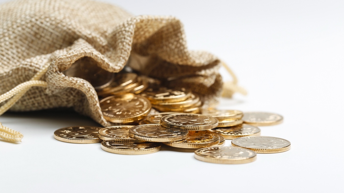 Золотые монеты в мешке на белом фоне