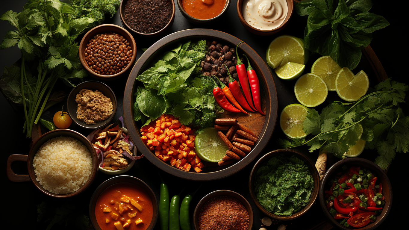 Ароматные специи, зелень и овощи на столе