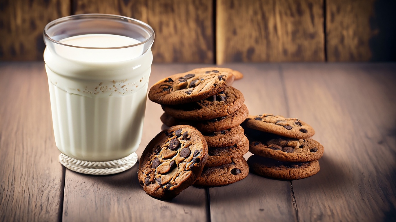 Стакан молока с круглым печеньем на столе